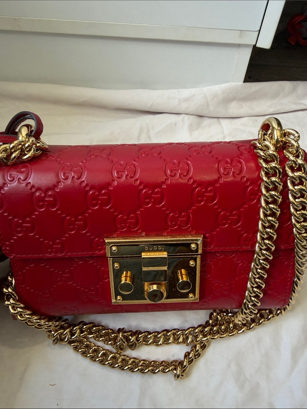 Gucci Red Embossed Leather Crossbody with Gold Chain